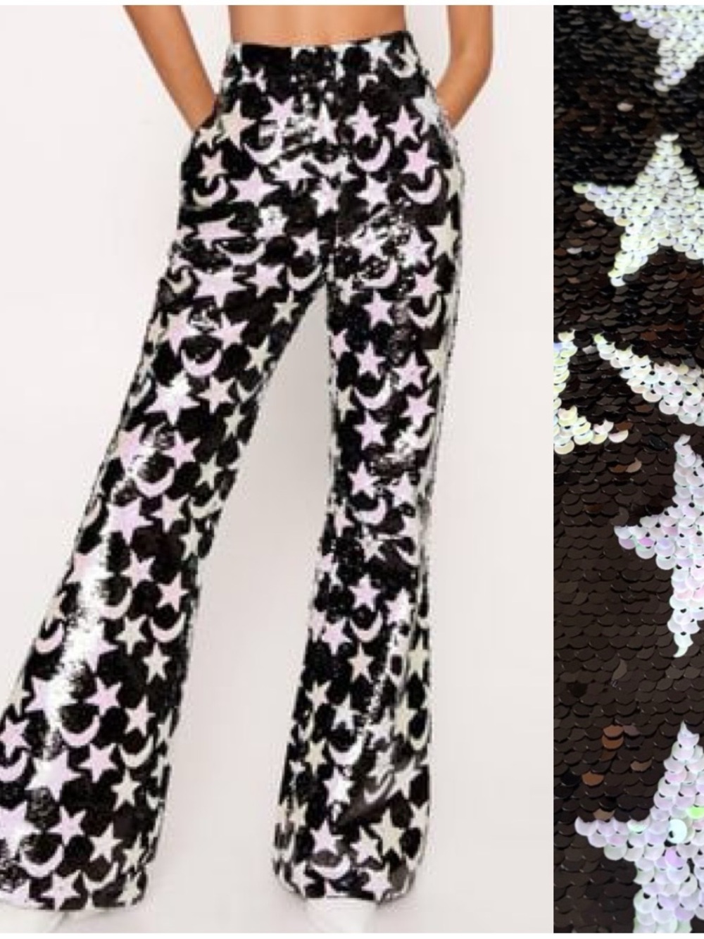NWT NASTY GAL Black & White Star Moon Flared Bell Bottom High Waist Sequin Pants